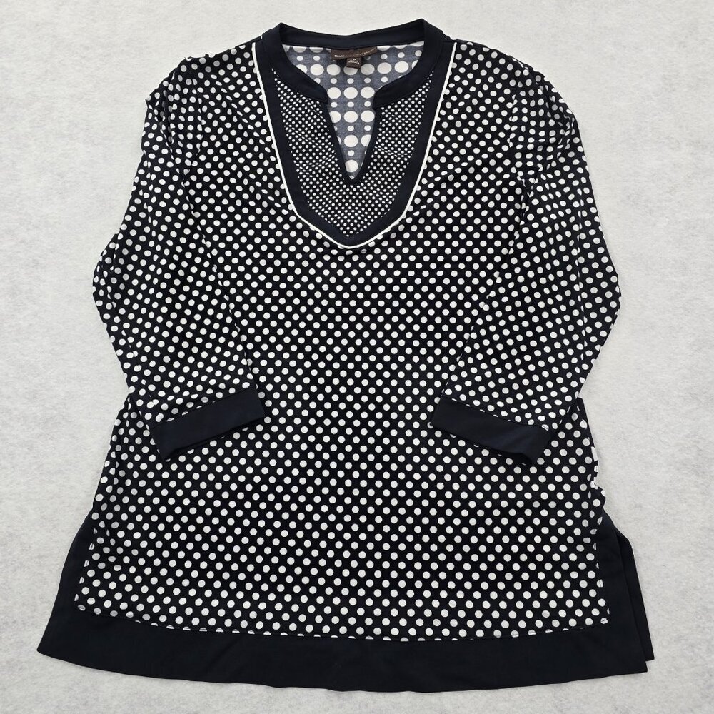 Dana Buchman Tunic Blouse Top Size M Blue Dot Print 3/4 Sleeve Stretch Contrast